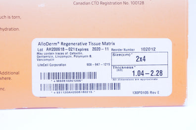 LifeCell 102012 Allergan AlloDerm Regenerative Tissue Matrix, Size 2x4 cm (x)